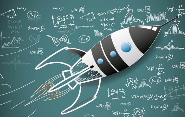 rocket ship and equations on blackboard